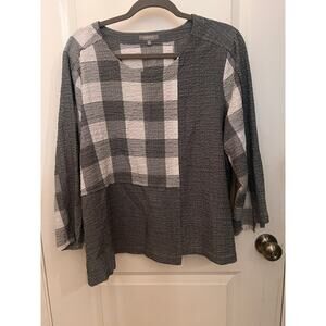 Habitat Blouse Women's L Gray Plaid Asymmetrical Crinkle Lagenlook Patchwork